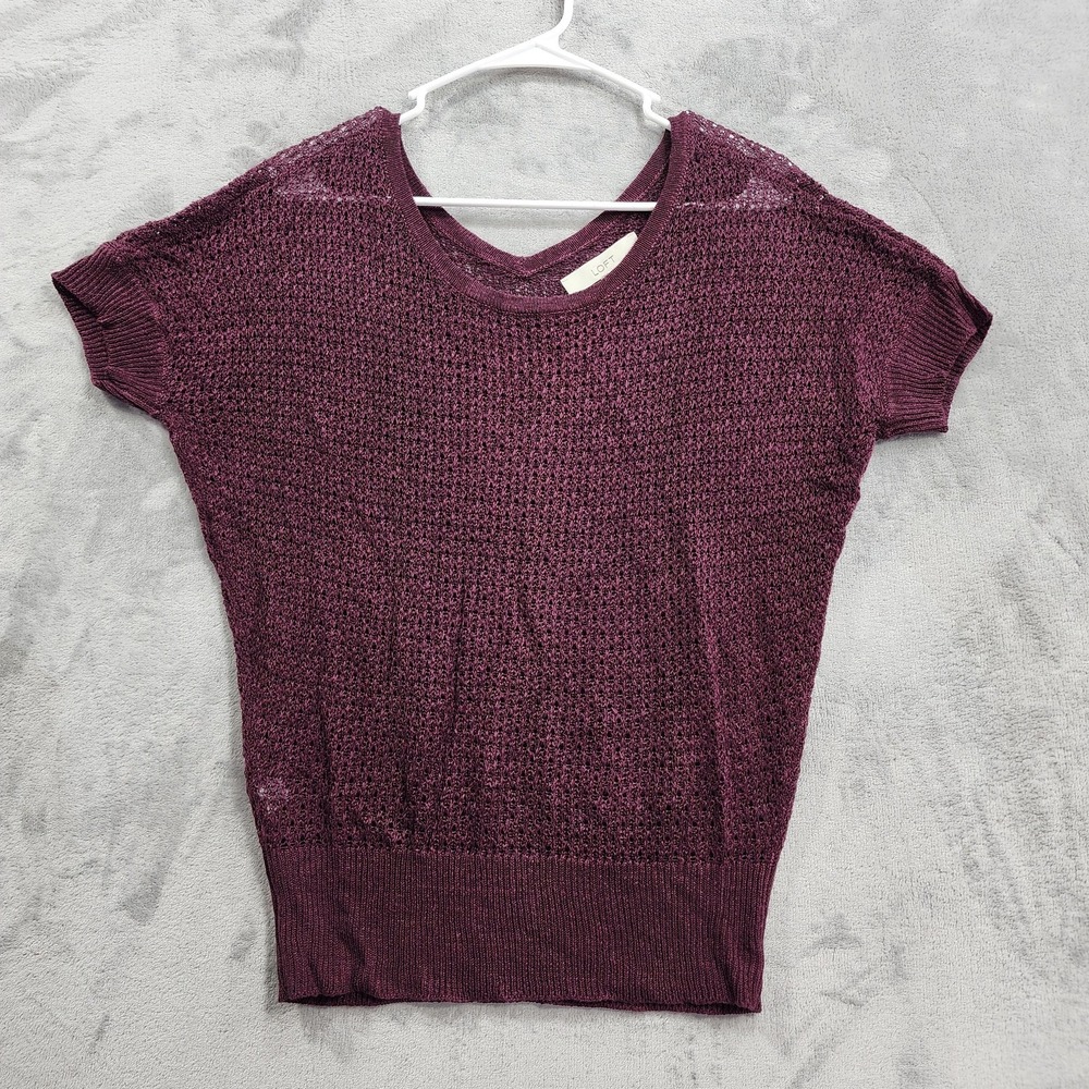 LOFT Sweater Top Womens M Purple Linen Blend Short Sleeve Dolman Open Knit Boho